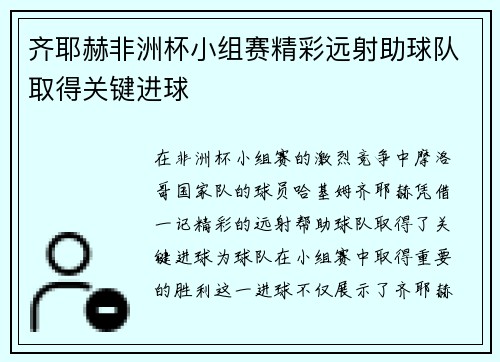 齐耶赫非洲杯小组赛精彩远射助球队取得关键进球
