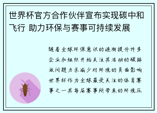 世界杯官方合作伙伴宣布实现碳中和飞行 助力环保与赛事可持续发展
